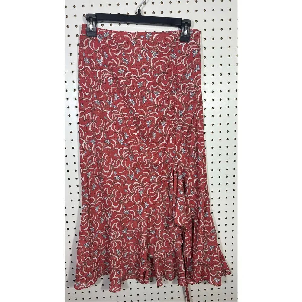 Max Studio Red Multicolored Cottagecore Ditsy Floral Print Ruffle Hem Skirt S